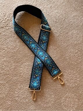 Woven Blue & Teal Embroidered Bag Strap with Gold Hardware